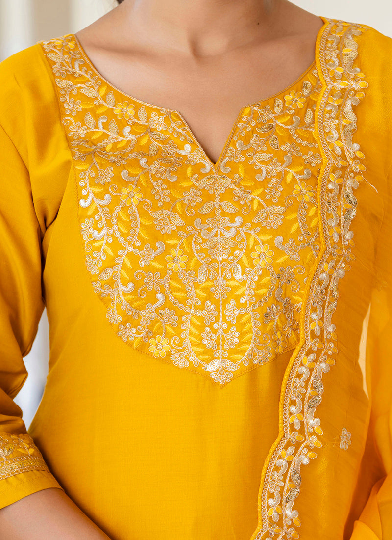 Vellora Silk Blend Mustard Casual Wear Embroidery Work Readymade Salwar Suit | Grocsy