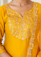 Vellora Silk Blend Mustard Casual Wear Embroidery Work Readymade Salwar Suit | Grocsy