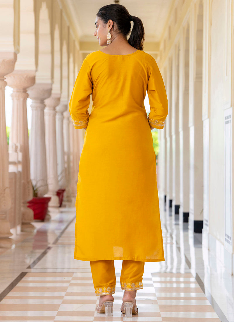 Vellora Silk Blend Mustard Casual Wear Embroidery Work Readymade Salwar Suit | Grocsy