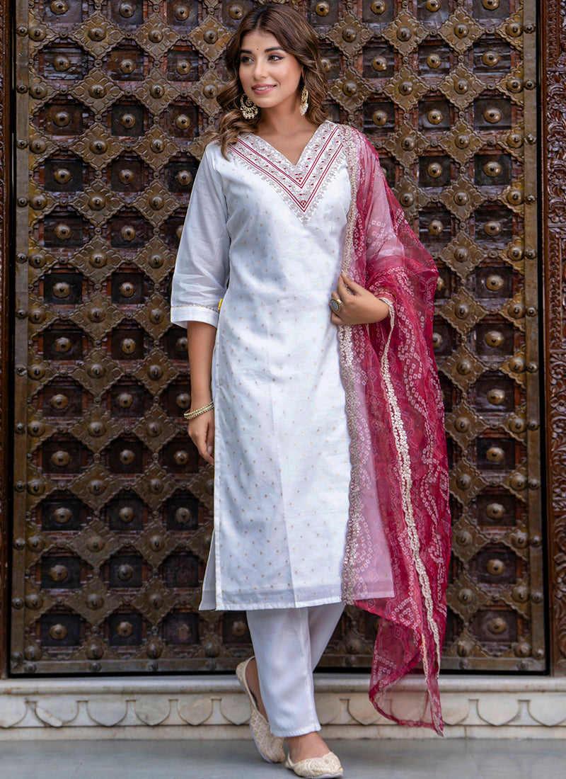 Vellora Chanderi Silk White Casual Wear Embroidery Work Readymade Salwar Suit | Grocsy
