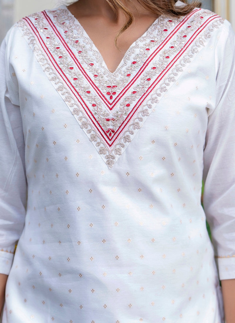 Vellora Chanderi Silk White Casual Wear Embroidery Work Readymade Salwar Suit | Grocsy