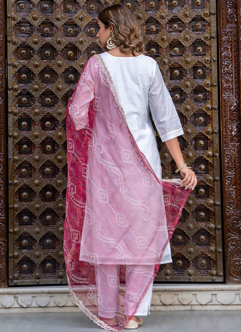 Vellora Chanderi Silk White Casual Wear Embroidery Work Readymade Salwar Suit | Grocsy