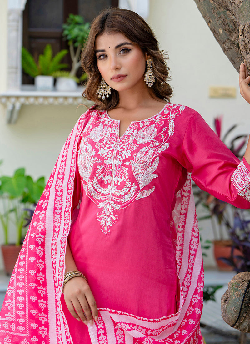 Vellora Silk Blend Pink Casual Wear Embroidery Work Readymade Salwar Suit | Grocsy