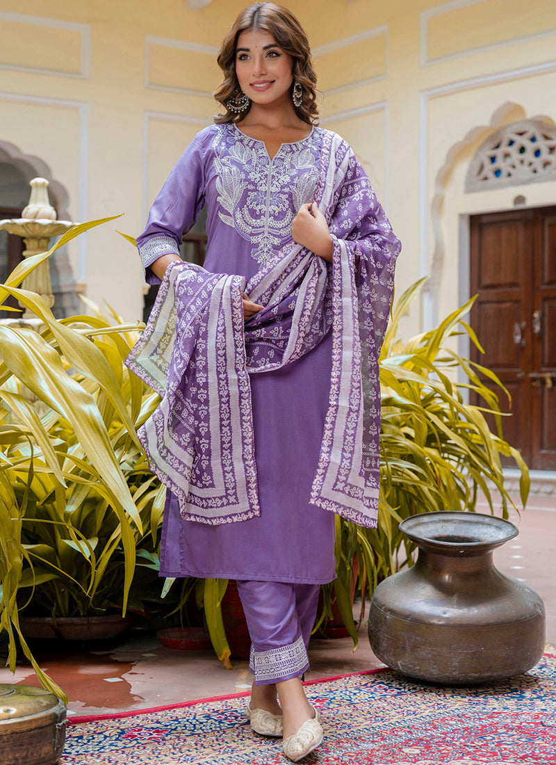 Vellora Silk Blend Lavender Casual Wear Embroidery Work Readymade Salwar Suit | Grocsy