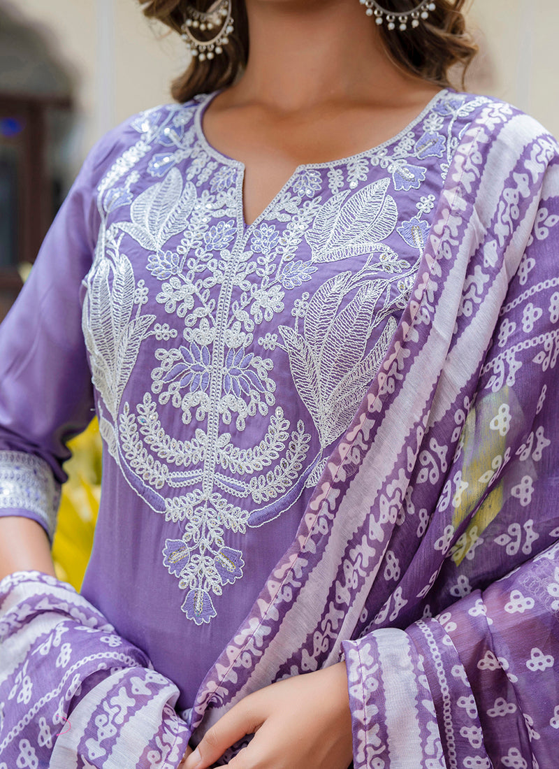 Vellora Silk Blend Lavender Casual Wear Embroidery Work Readymade Salwar Suit | Grocsy
