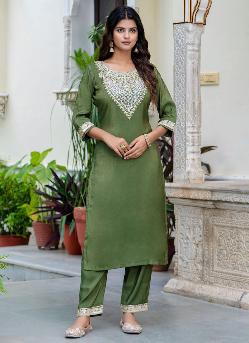 Vellora Silk Blend Olive Green Casual Wear Embroidery Work Readymade Salwar Suit | Grocsy