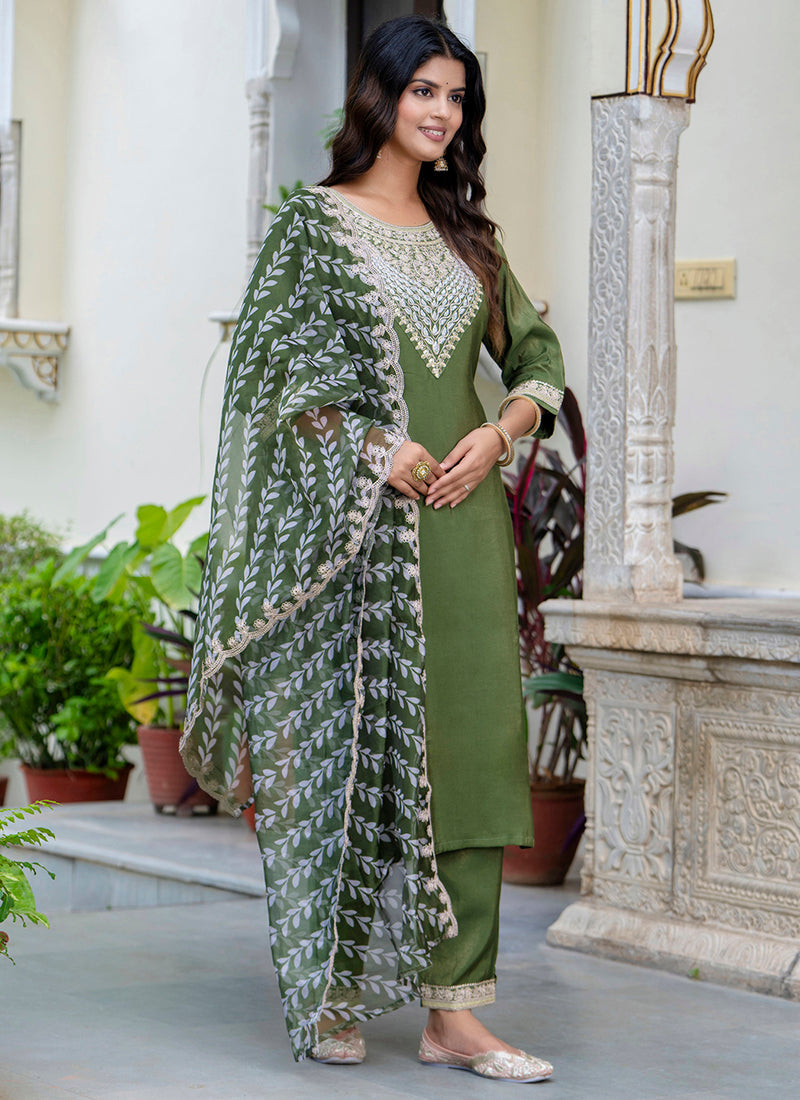 Vellora Silk Blend Olive Green Casual Wear Embroidery Work Readymade Salwar Suit | Grocsy