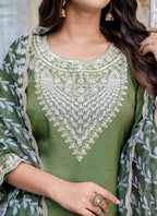 Vellora Silk Blend Olive Green Casual Wear Embroidery Work Readymade Salwar Suit | Grocsy