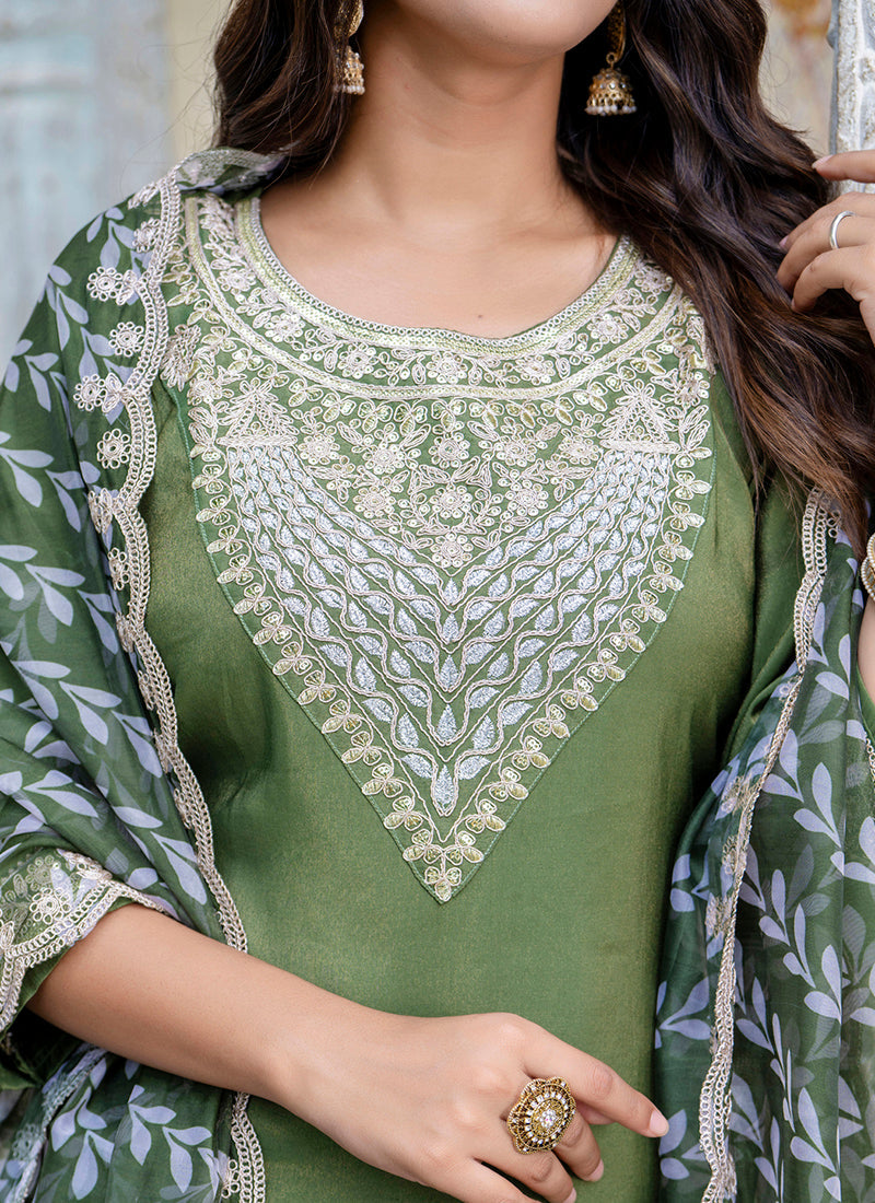 Vellora Silk Blend Olive Green Casual Wear Embroidery Work Readymade Salwar Suit | Grocsy