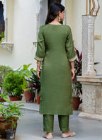 Vellora Silk Blend Olive Green Casual Wear Embroidery Work Readymade Salwar Suit | Grocsy