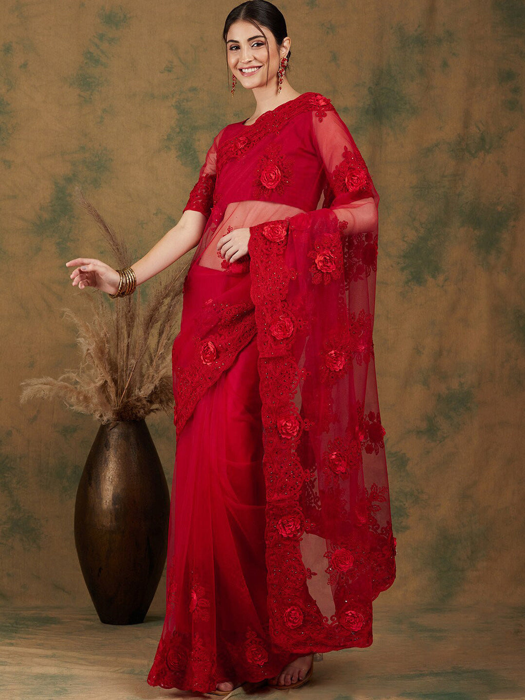 Sangria Red Floral Embroidered Saree | Grocsy