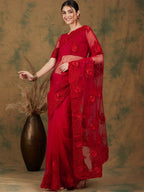 Sangria Red Floral Embroidered Saree | Grocsy