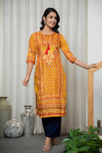 Juniper Women's Mustard Ethnic Motif Printed Shantoon Kurta With Doris & Tassels | Grocsy