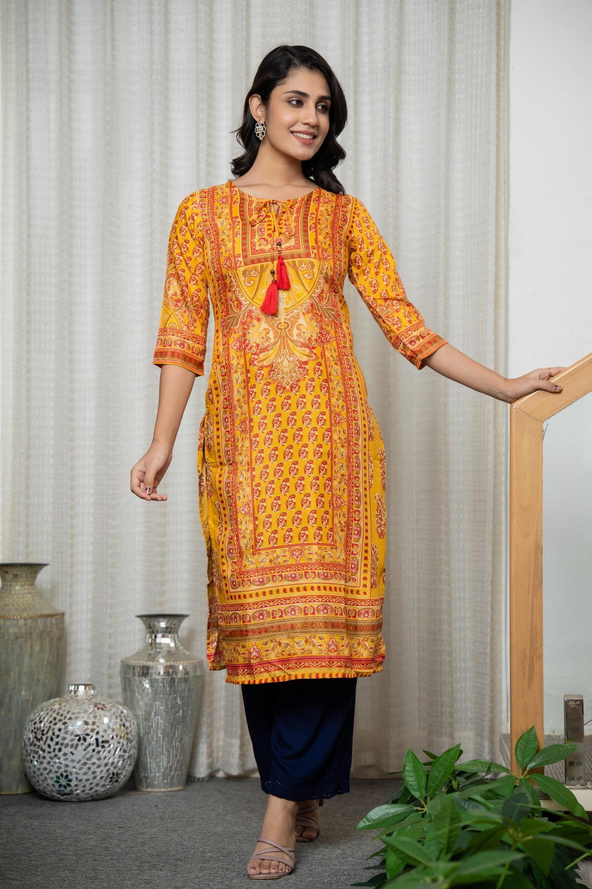 Juniper Women's Mustard Ethnic Motif Printed Shantoon Kurta With Doris & Tassels | Grocsy