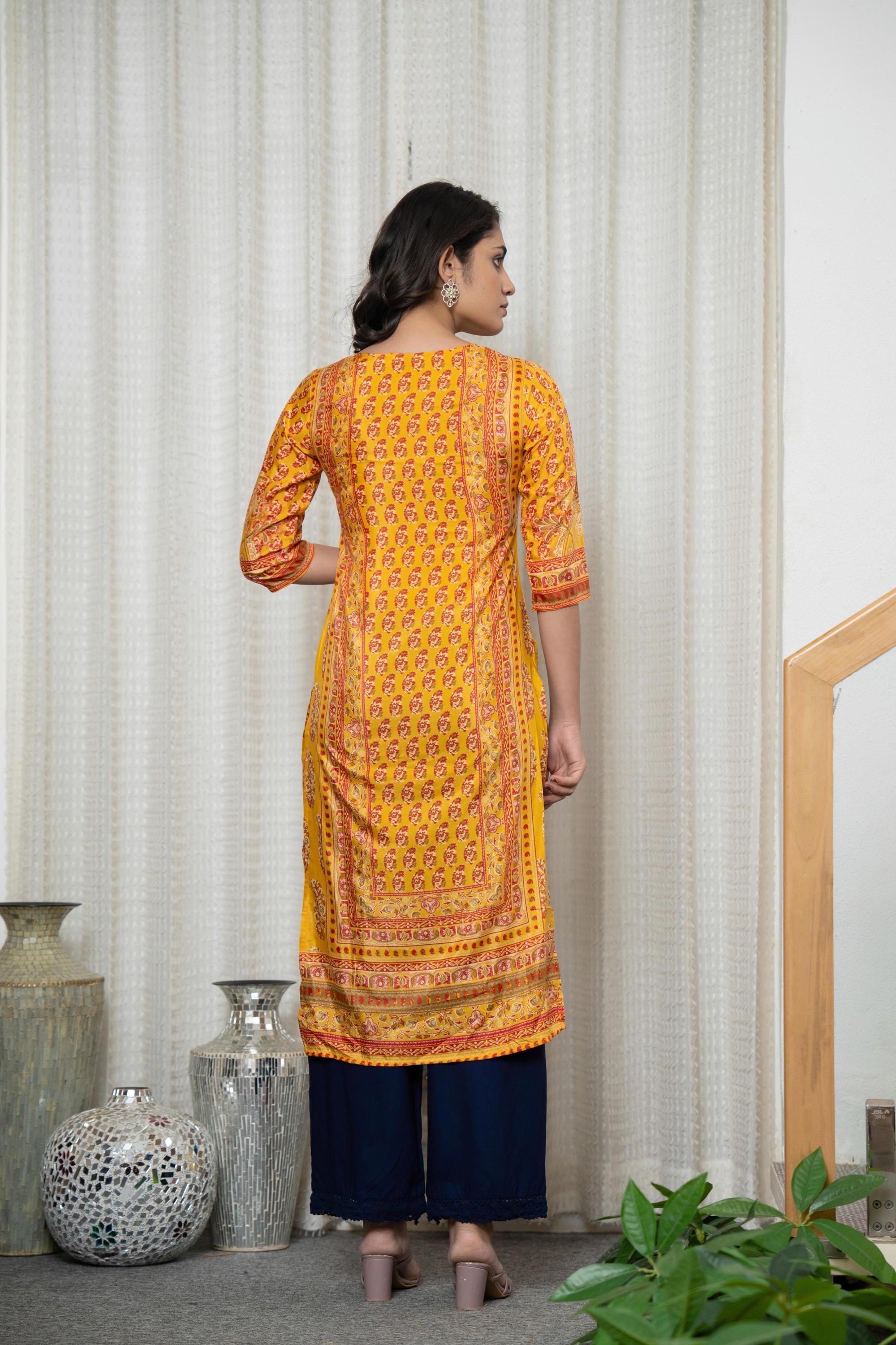 Juniper Women's Mustard Ethnic Motif Printed Shantoon Kurta With Doris & Tassels | Grocsy
