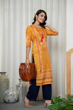 Juniper Women's Mustard Ethnic Motif Printed Shantoon Kurta With Doris & Tassels | Grocsy
