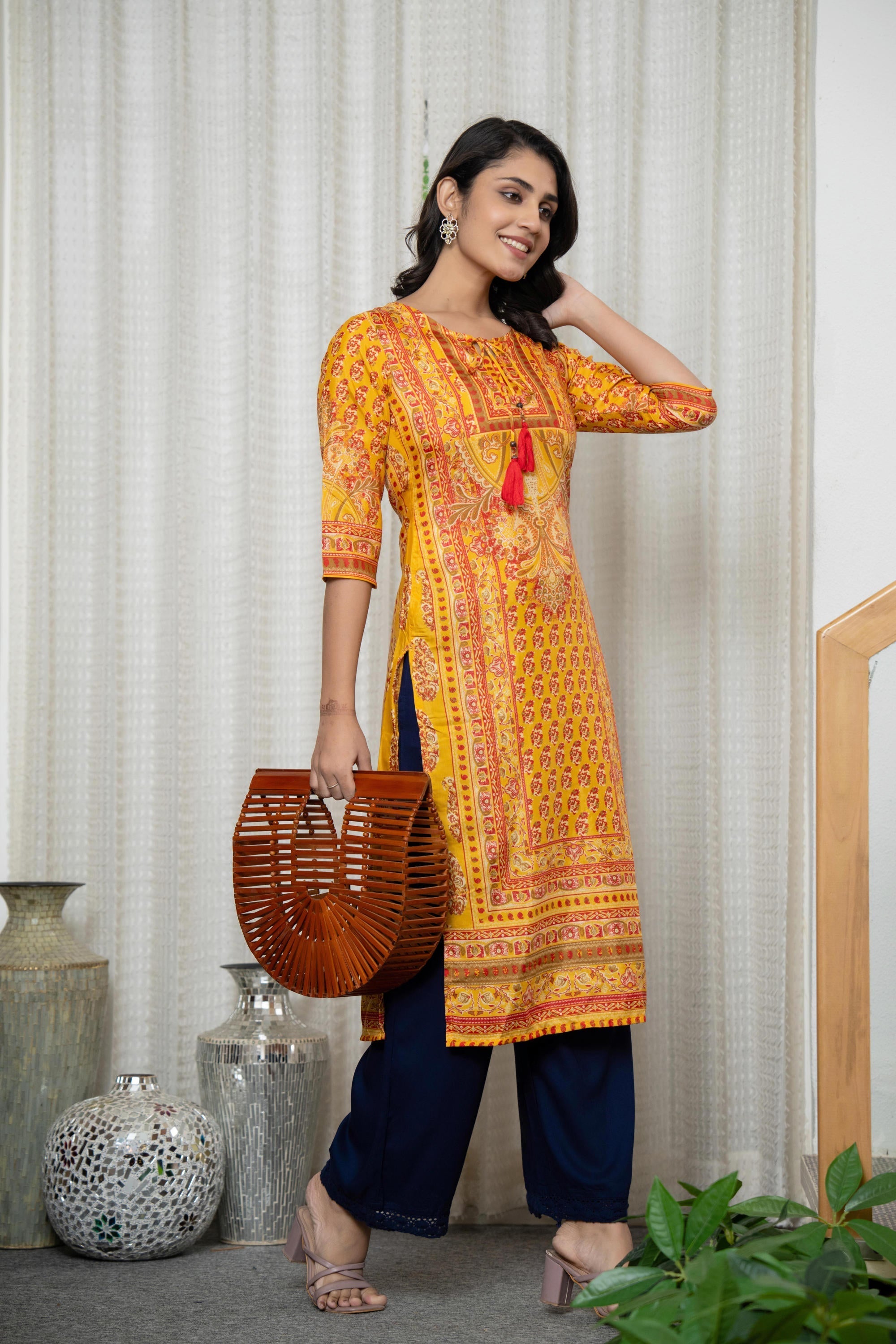 Juniper Women's Mustard Ethnic Motif Printed Shantoon Kurta With Doris & Tassels | Grocsy