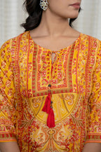 Juniper Women's Mustard Ethnic Motif Printed Shantoon Kurta With Doris & Tassels | Grocsy
