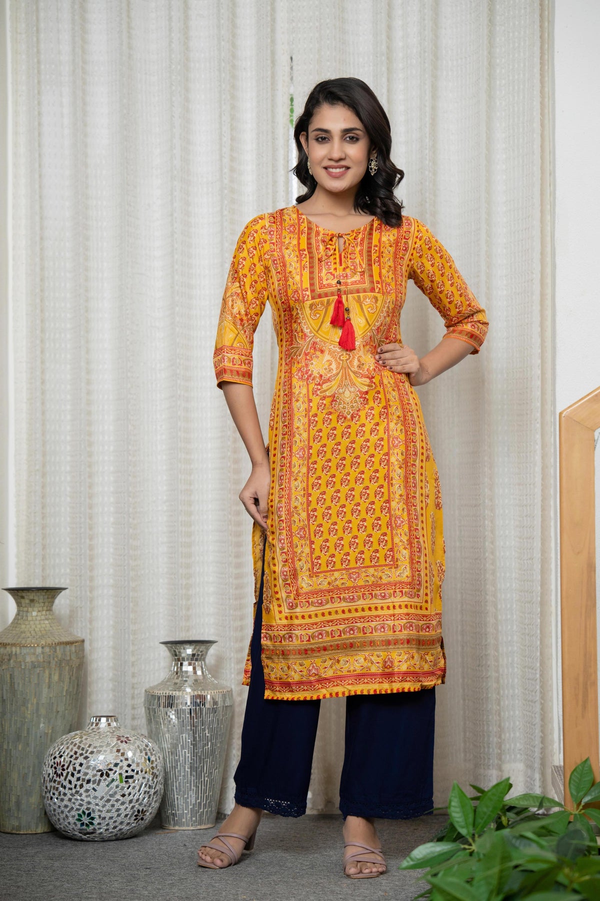 Juniper Women's Mustard Ethnic Motif Printed Shantoon Kurta With Doris & Tassels | Grocsy