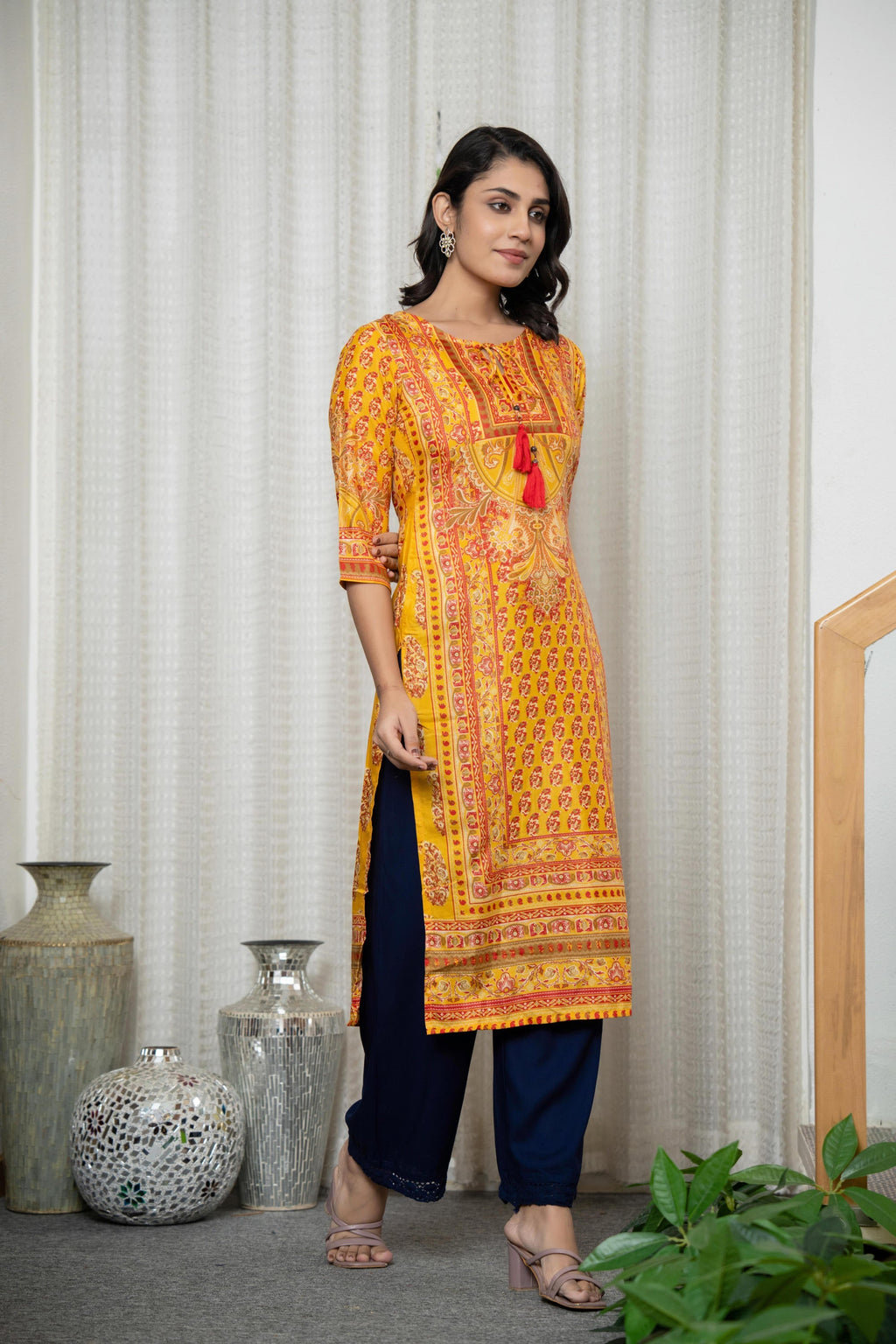 Juniper Women's Mustard Ethnic Motif Printed Shantoon Kurta With Doris & Tassels | Grocsy