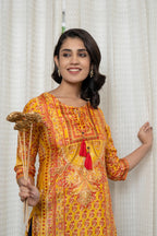 Juniper Women's Mustard Ethnic Motif Printed Shantoon Kurta With Doris & Tassels | Grocsy