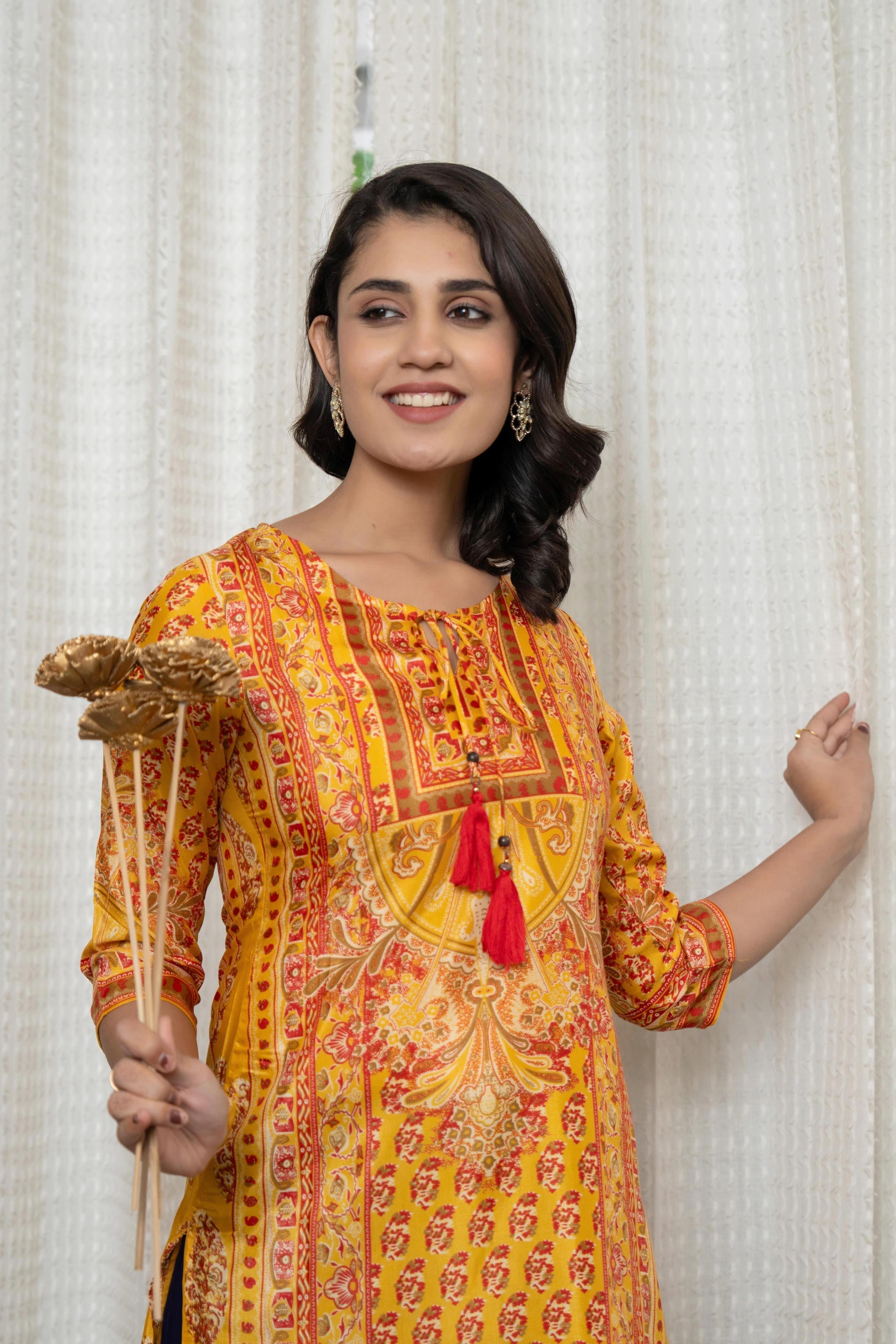 Juniper Women's Mustard Ethnic Motif Printed Shantoon Kurta With Doris & Tassels | Grocsy