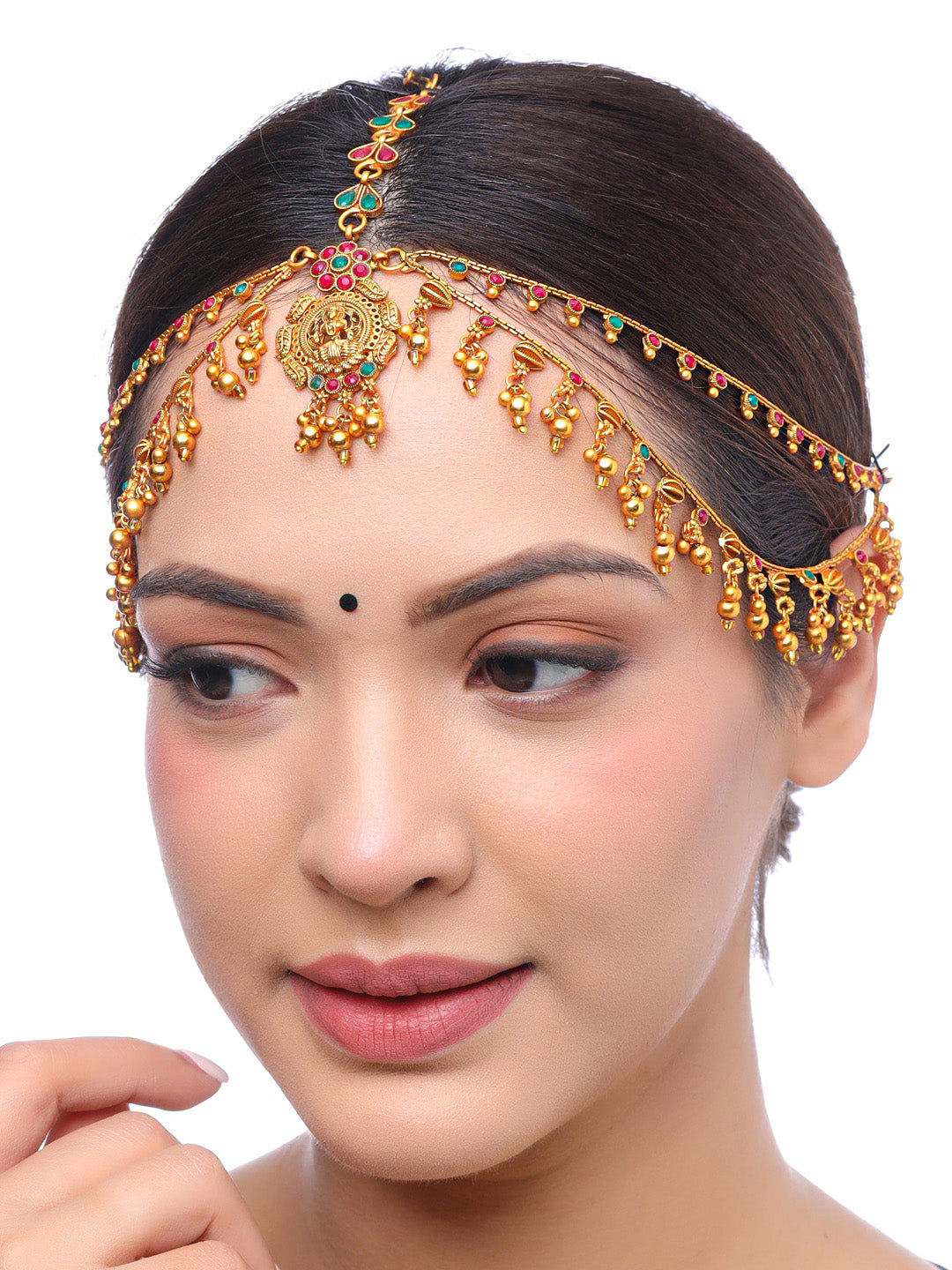 Yellow Chimes Gold-Polished Pink & Green Stone Studded Ghungroo Beaded Mathapatti | Grocsy