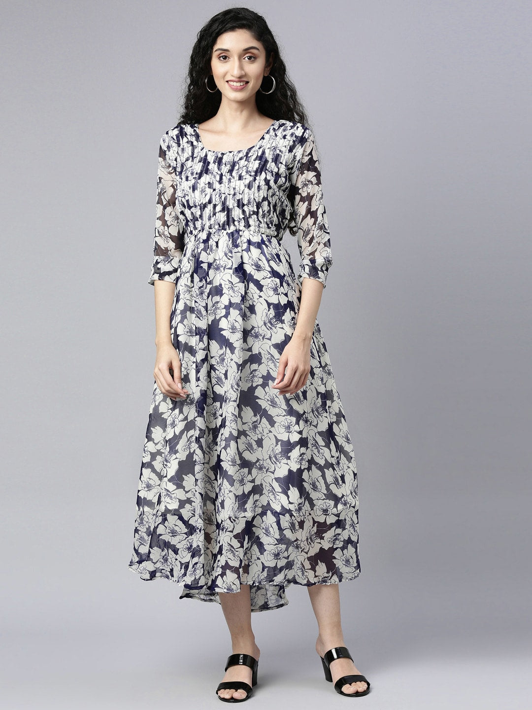 Souchii White Floral Layered Chiffon Empire Midi Dress | Grocsy