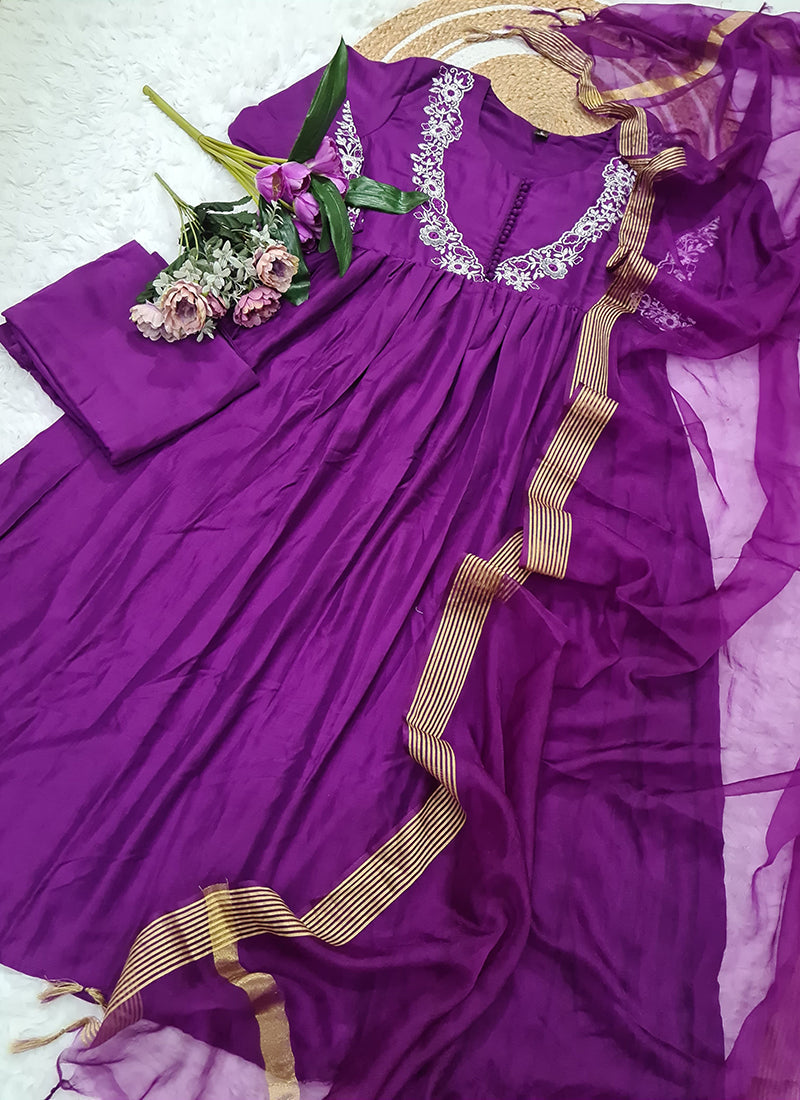 Vellora Viscose Purple Festival Wear Embroidered Work Readymade Salwar Suit | Grocsy