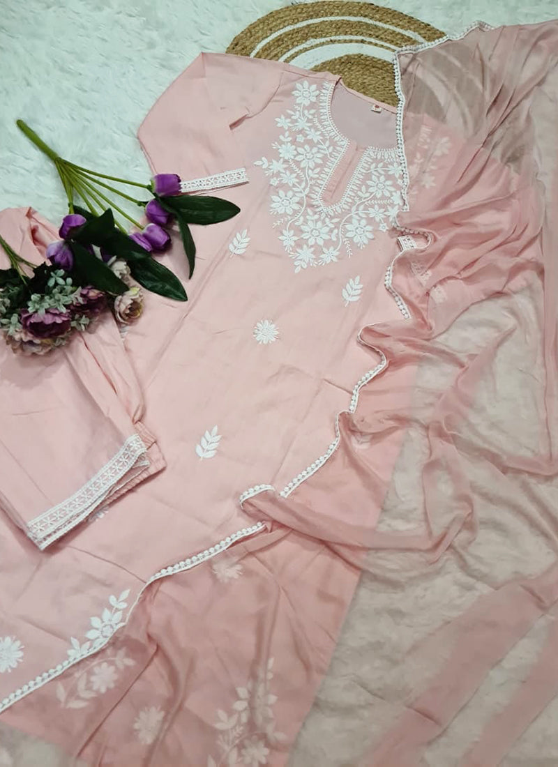 Vellora Cotton Light Pink Daily Wear Embroidered Work Readymade Salwar Suit | Grocsy