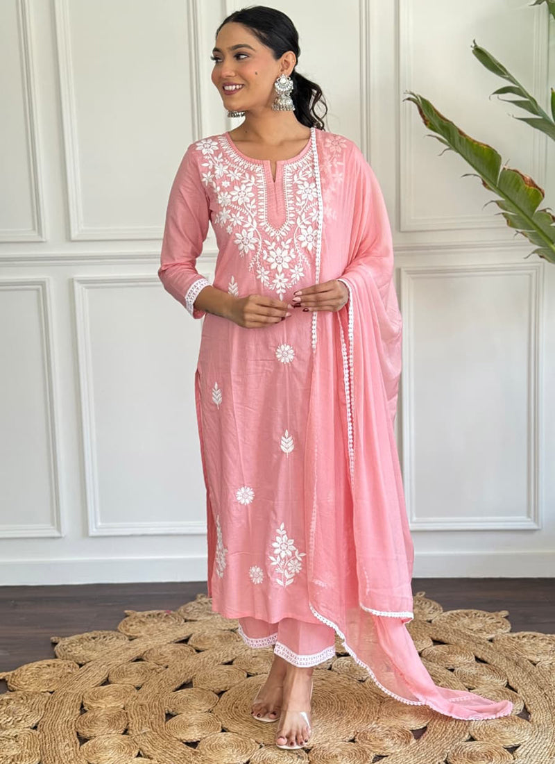Vellora Cotton Light Pink Daily Wear Embroidered Work Readymade Salwar Suit | Grocsy