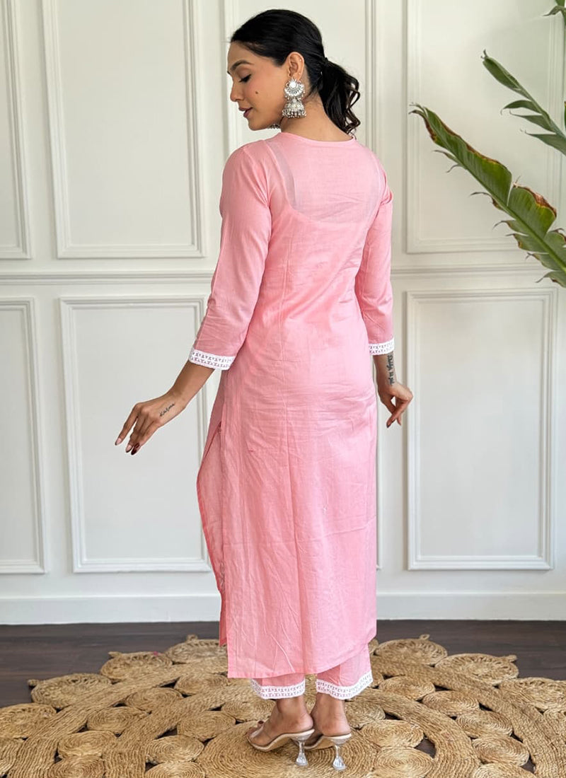 Vellora Cotton Light Pink Daily Wear Embroidered Work Readymade Salwar Suit | Grocsy