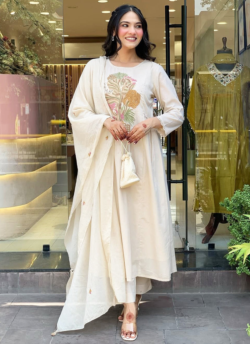 Vellora Viscose Off White Daily Wear Embroidered Work Readymade Salwar Suit | Grocsy