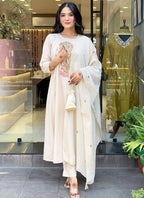 Vellora Viscose Off White Daily Wear Embroidered Work Readymade Salwar Suit | Grocsy