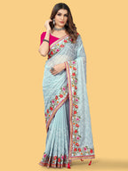 Sangria Grey & Red Geometric Embroidered Organza Sungudi Sarees | Grocsy