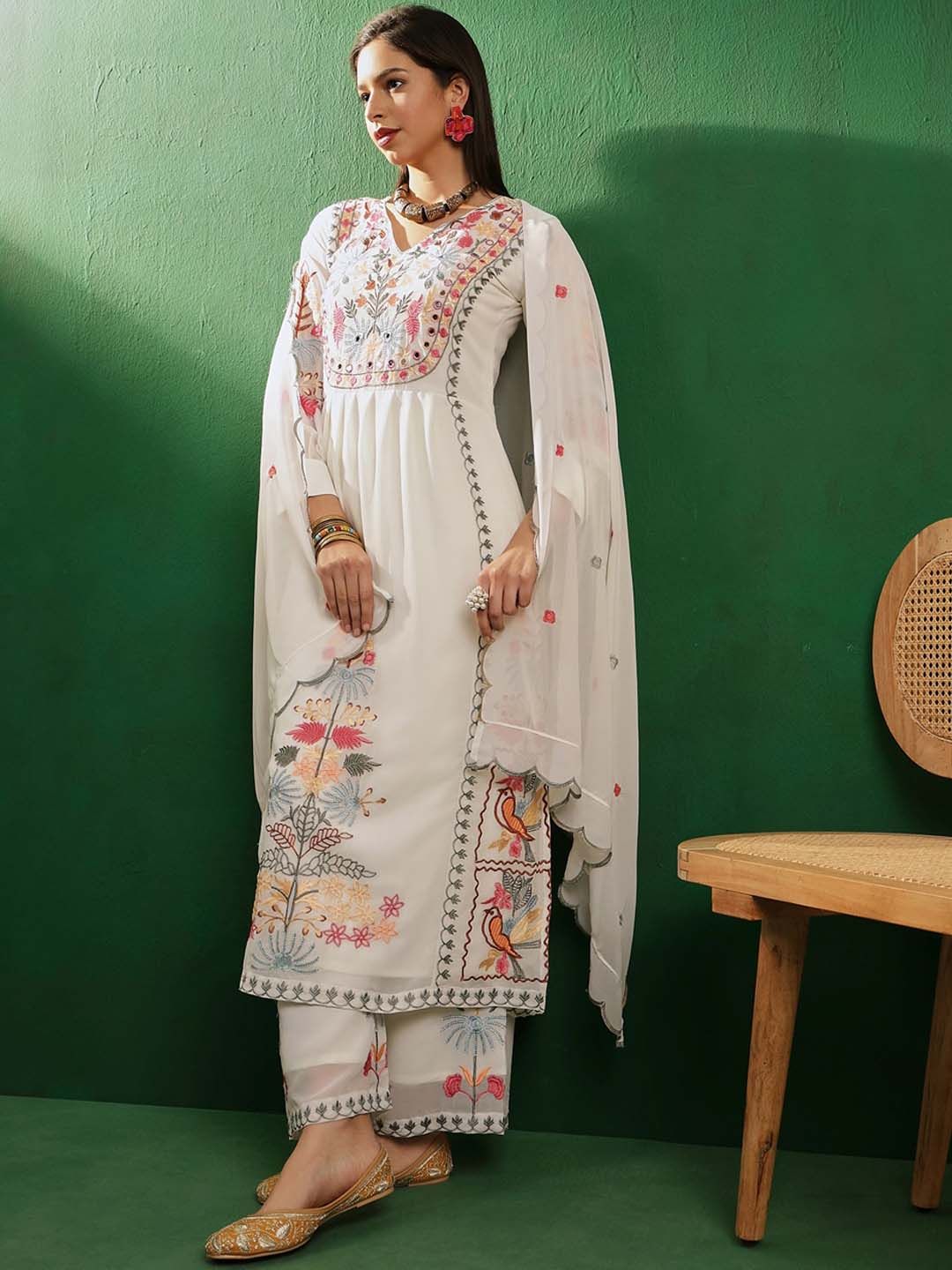 Sangria V-Neck Long Sleeves Thread Work Embroidered Kurta Sets | Grocsy