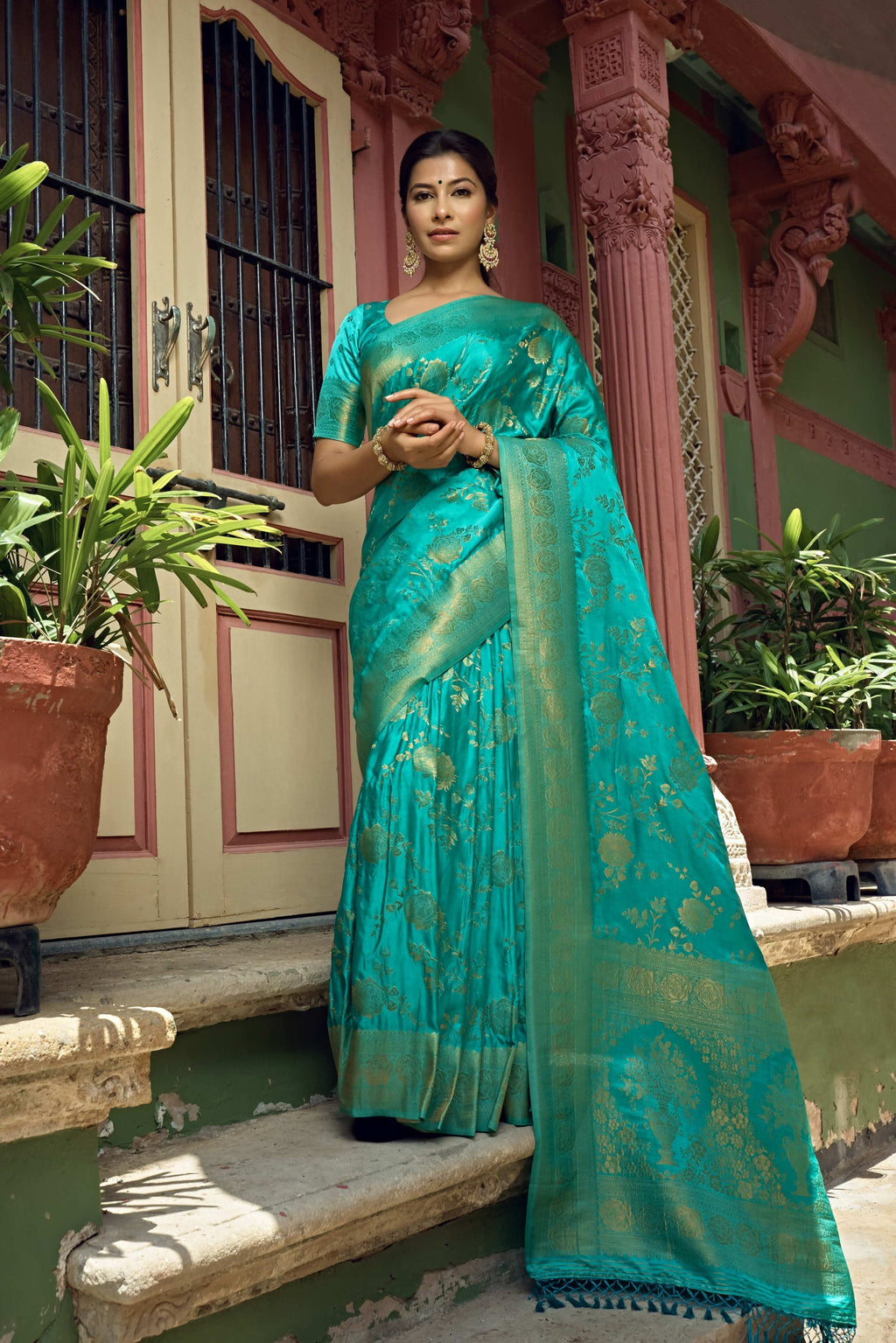 Vardha Turquoise Blue Golden Zari Banarasi Satin Silk Saree | Grocsy