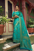 Vardha Turquoise Blue Golden Zari Banarasi Satin Silk Saree | Grocsy