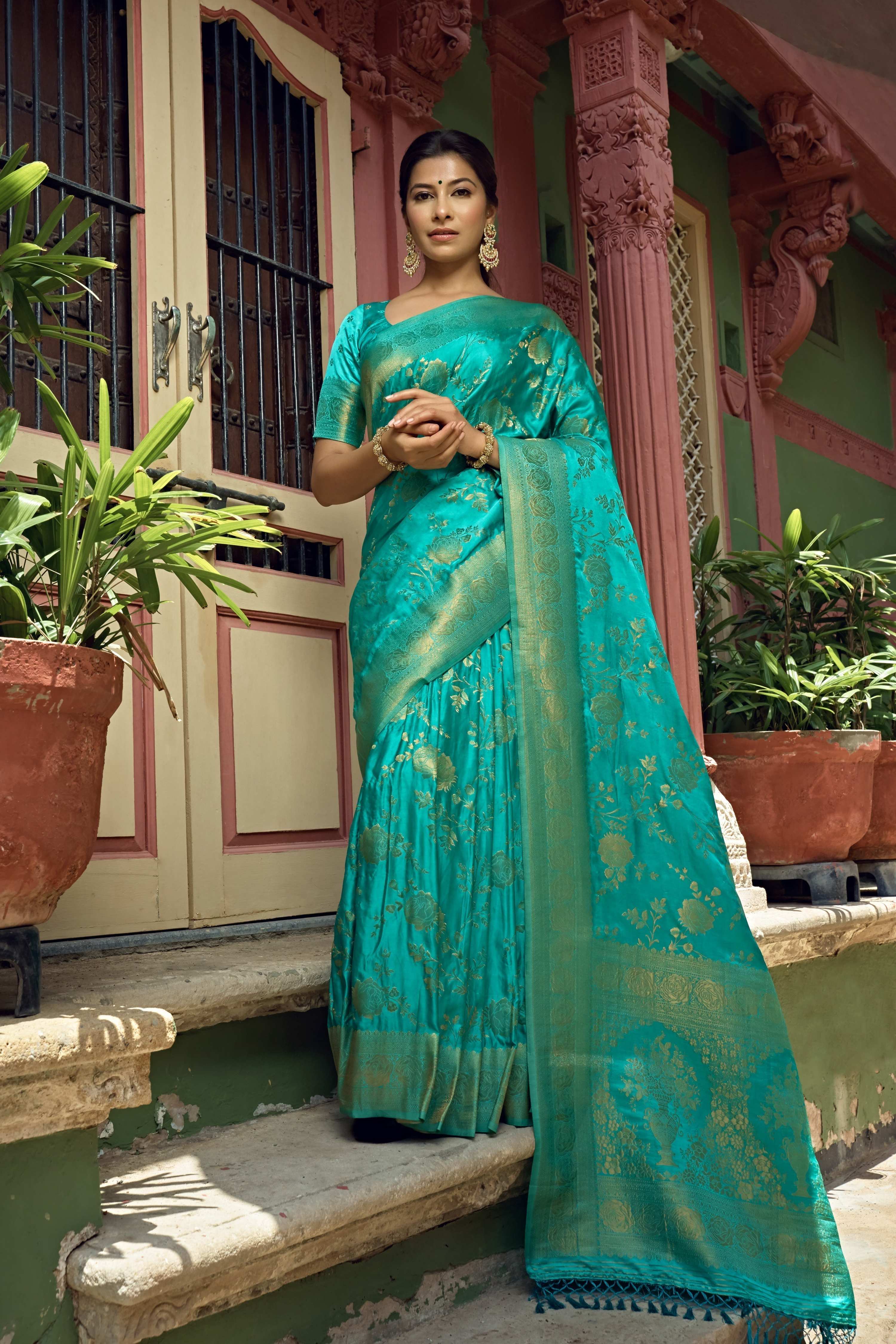 Vardha Turquoise Blue Golden Zari Banarasi Satin Silk Saree | Grocsy
