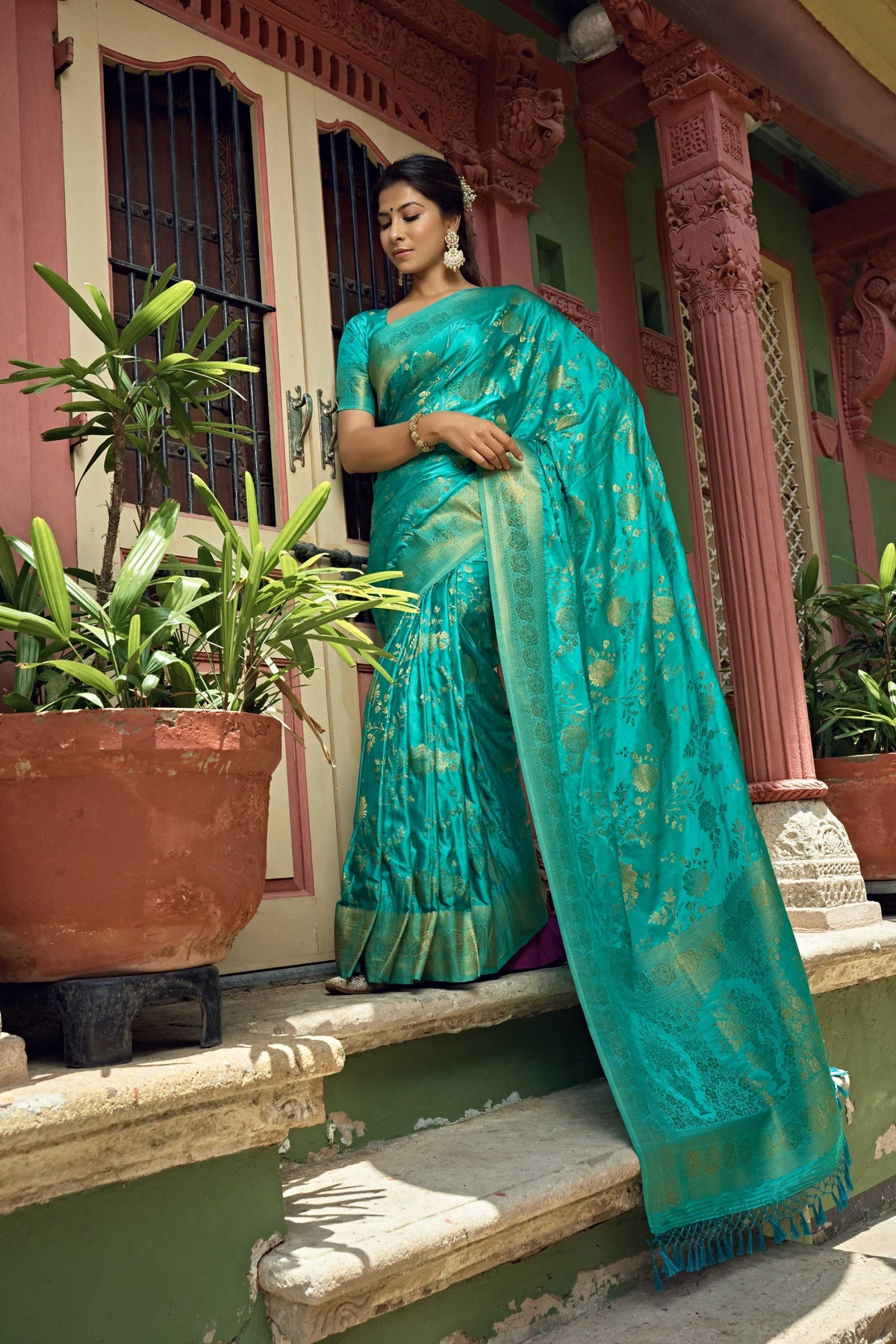 Vardha Turquoise Blue Golden Zari Banarasi Satin Silk Saree | Grocsy
