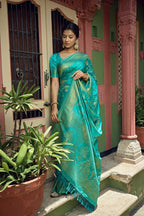Vardha Turquoise Blue Golden Zari Banarasi Satin Silk Saree | Grocsy