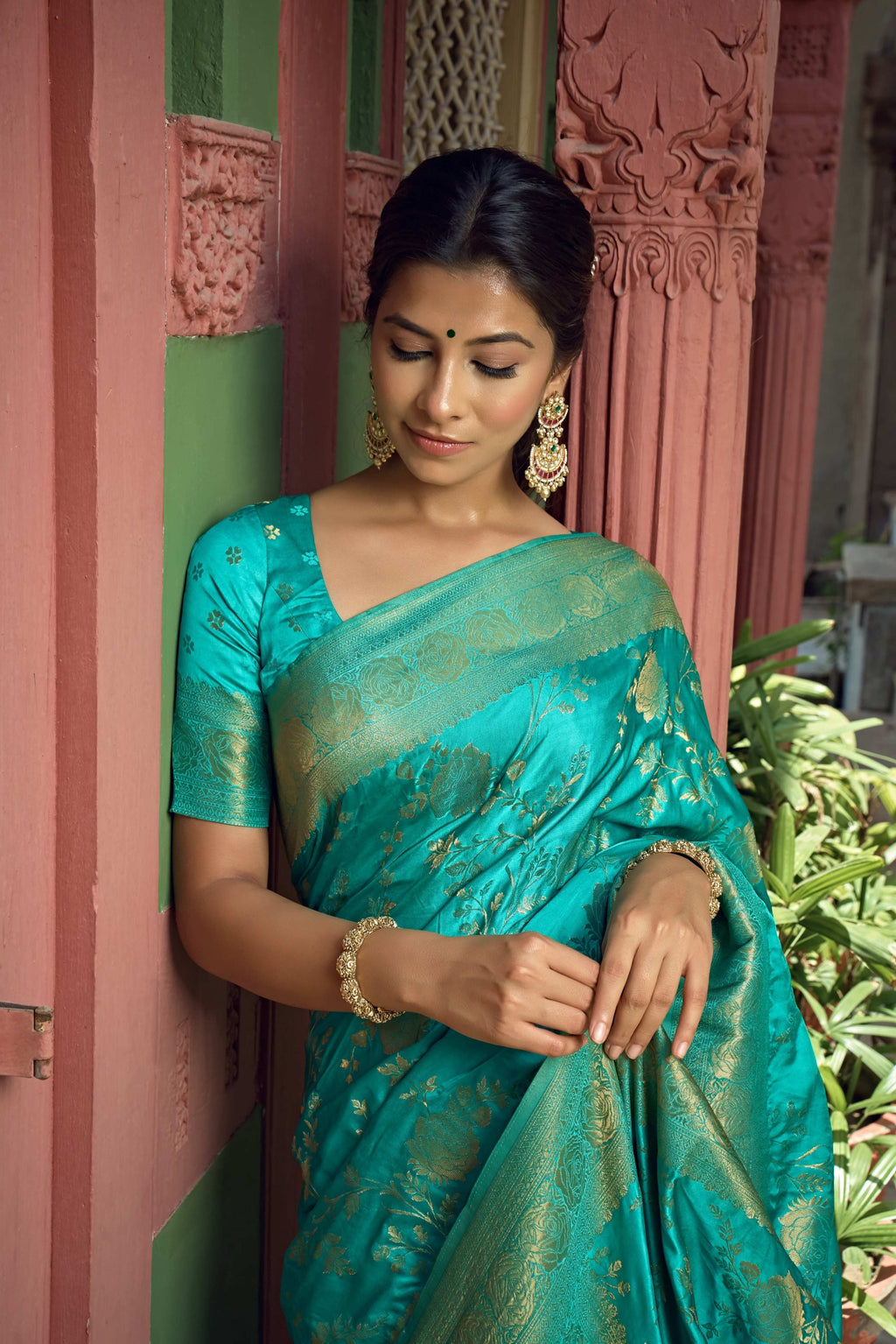 Vardha Turquoise Blue Golden Zari Banarasi Satin Silk Saree | Grocsy