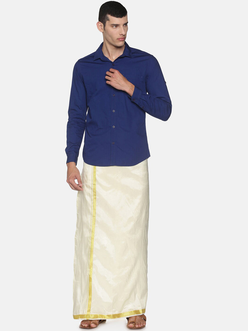 Sethukrishna Men Cream-Coloured Solid Readymade Dhoti | Grocsy