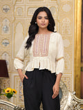 Juniper Women's Ivory Ethnic Motif Printed Liva Rayon Top With Zari Thread Work & Buttons | Grocsy