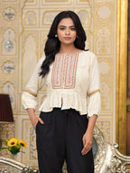 Juniper Women's Ivory Ethnic Motif Printed Liva Rayon Top With Zari Thread Work & Buttons | Grocsy