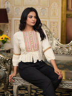 Juniper Women's Ivory Ethnic Motif Printed Liva Rayon Top With Zari Thread Work & Buttons | Grocsy