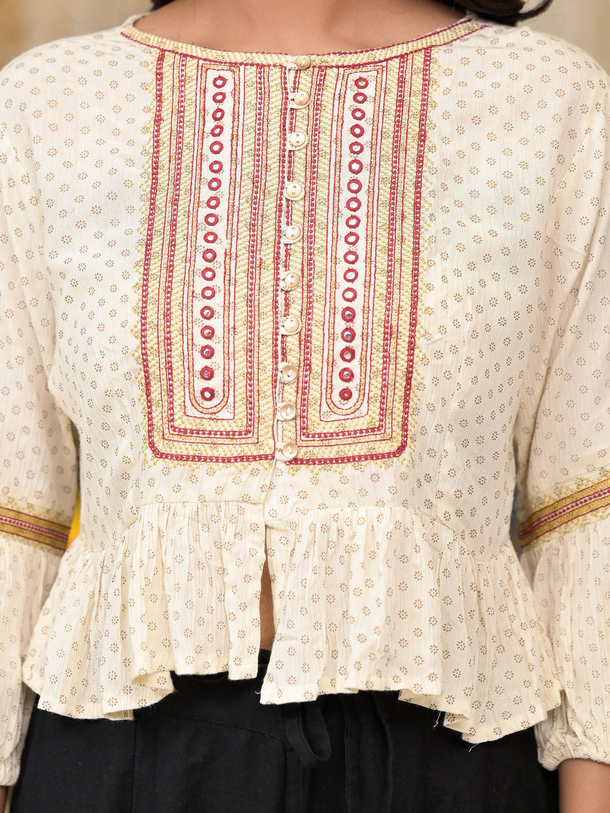 Juniper Women's Ivory Ethnic Motif Printed Liva Rayon Top With Zari Thread Work & Buttons | Grocsy