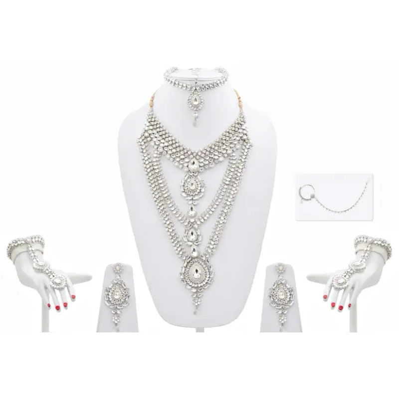 Tehzeeb Creations Platinum Plated Silver Polish Dulhan Bridal Jewelry Set 8 Pcs | Grocsy