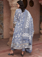 Sangria Blue Printed Thread Work Pure Cotton Empire A-Line Kurta with Trousers & Dupatta | Grocsy