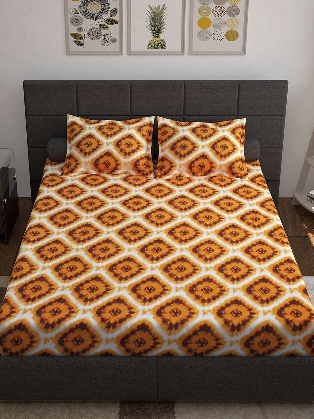 Story@home Unisex Yellow Geometric Cotton 152 TC 1 King Size Bedsheet with 2 Pillow Covers | Grocsy
